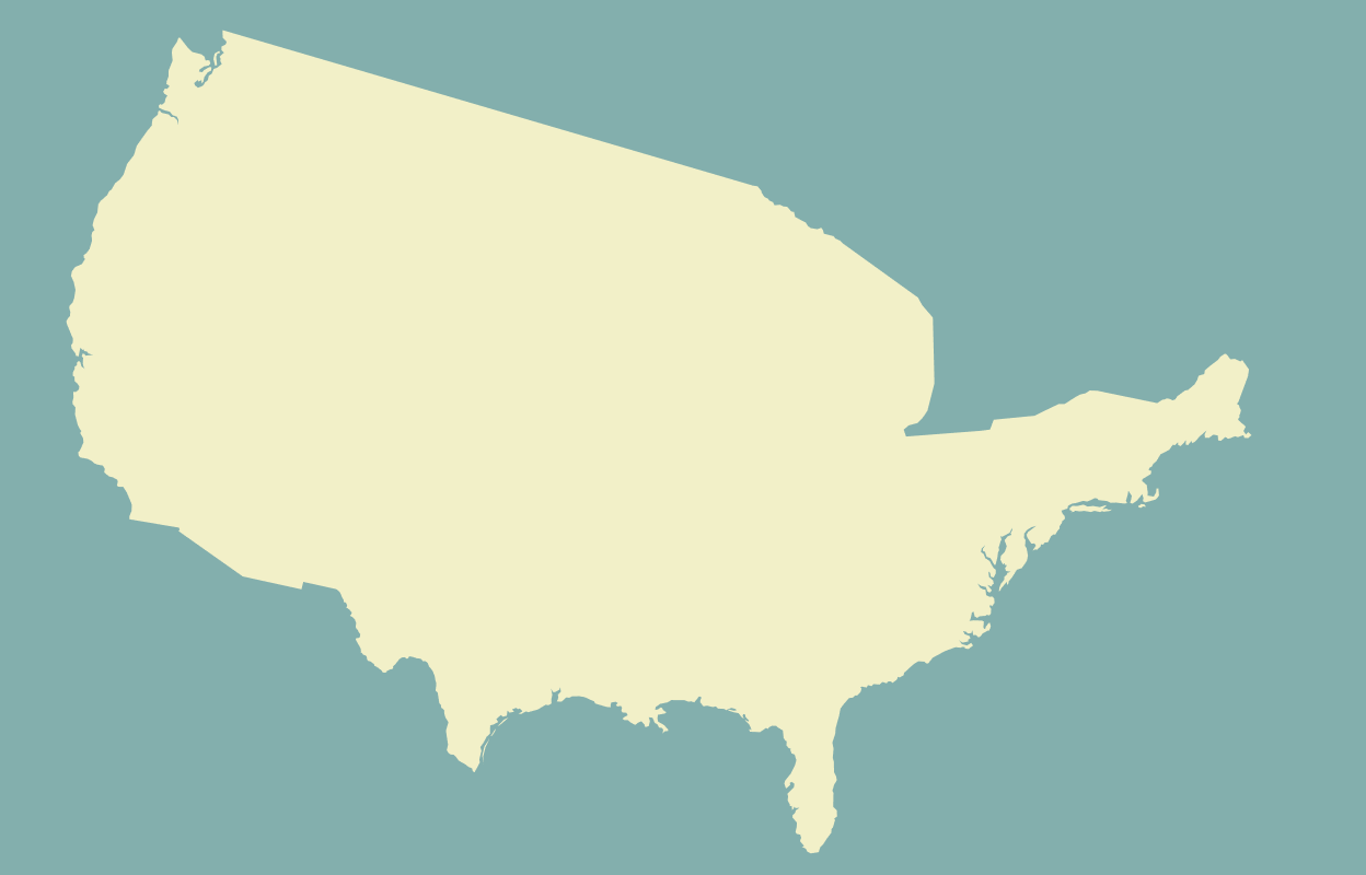 Beige outline of the United States on a teal background
